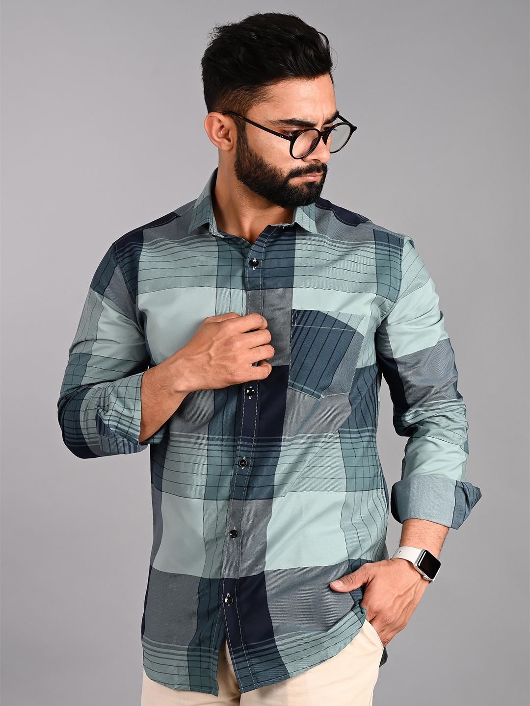 

Tanip Men Sheer Checked Casual Shirt, Turquoise blue