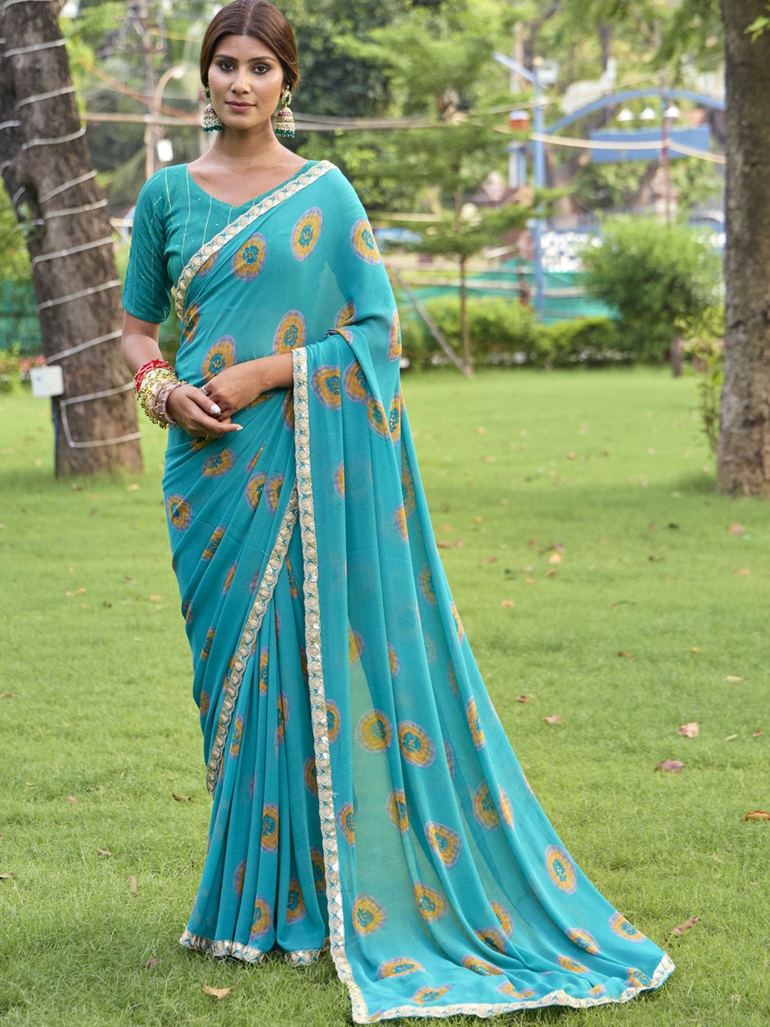 

CHUDIYA Ethnic Motifs Pure Chiffon Saree, Teal