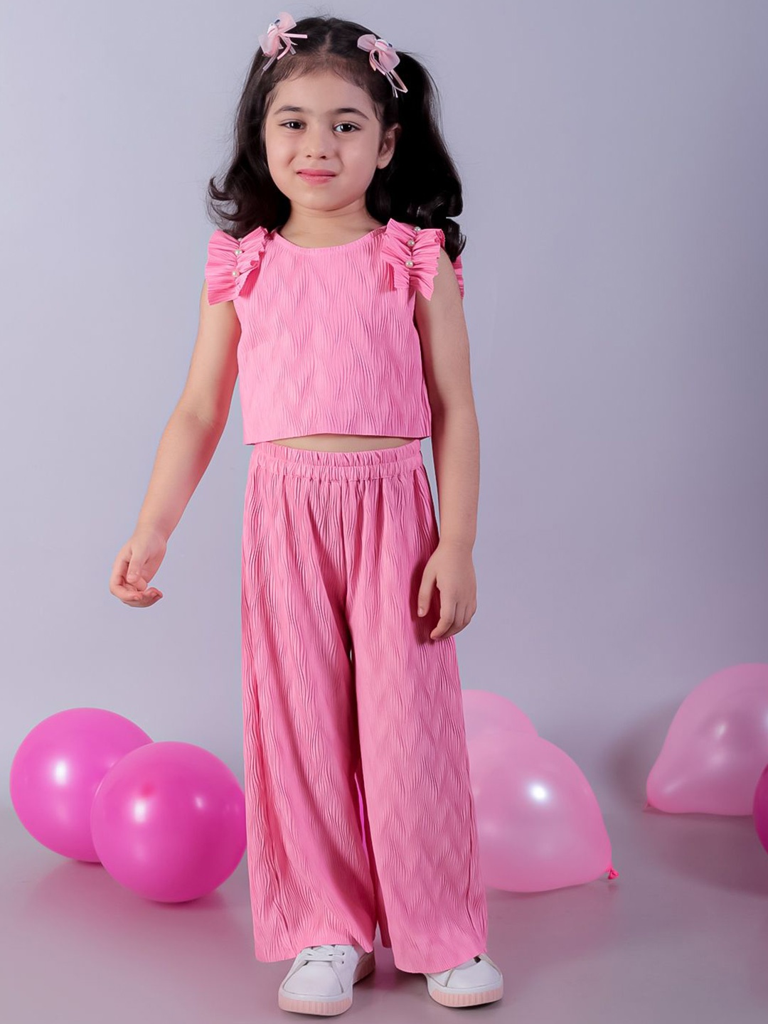 

LIL DRAMA Girls Self Design Top with Palazzos, Pink