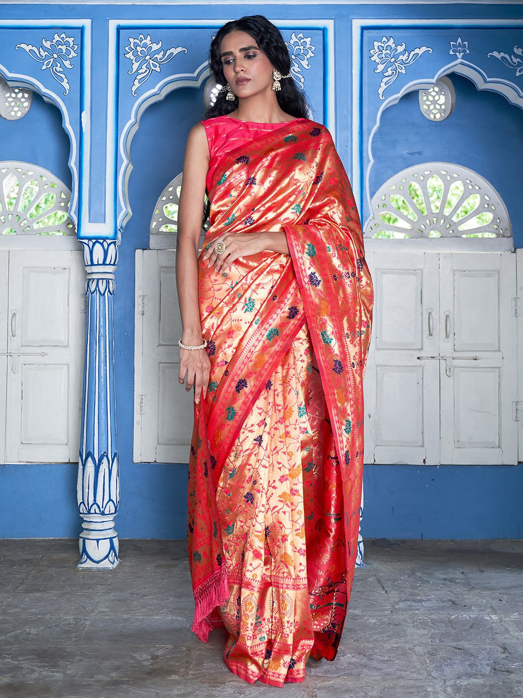 

KALINI Woven Design Zari Silk Blend Ready to Wear Paithani Saree, Pink
