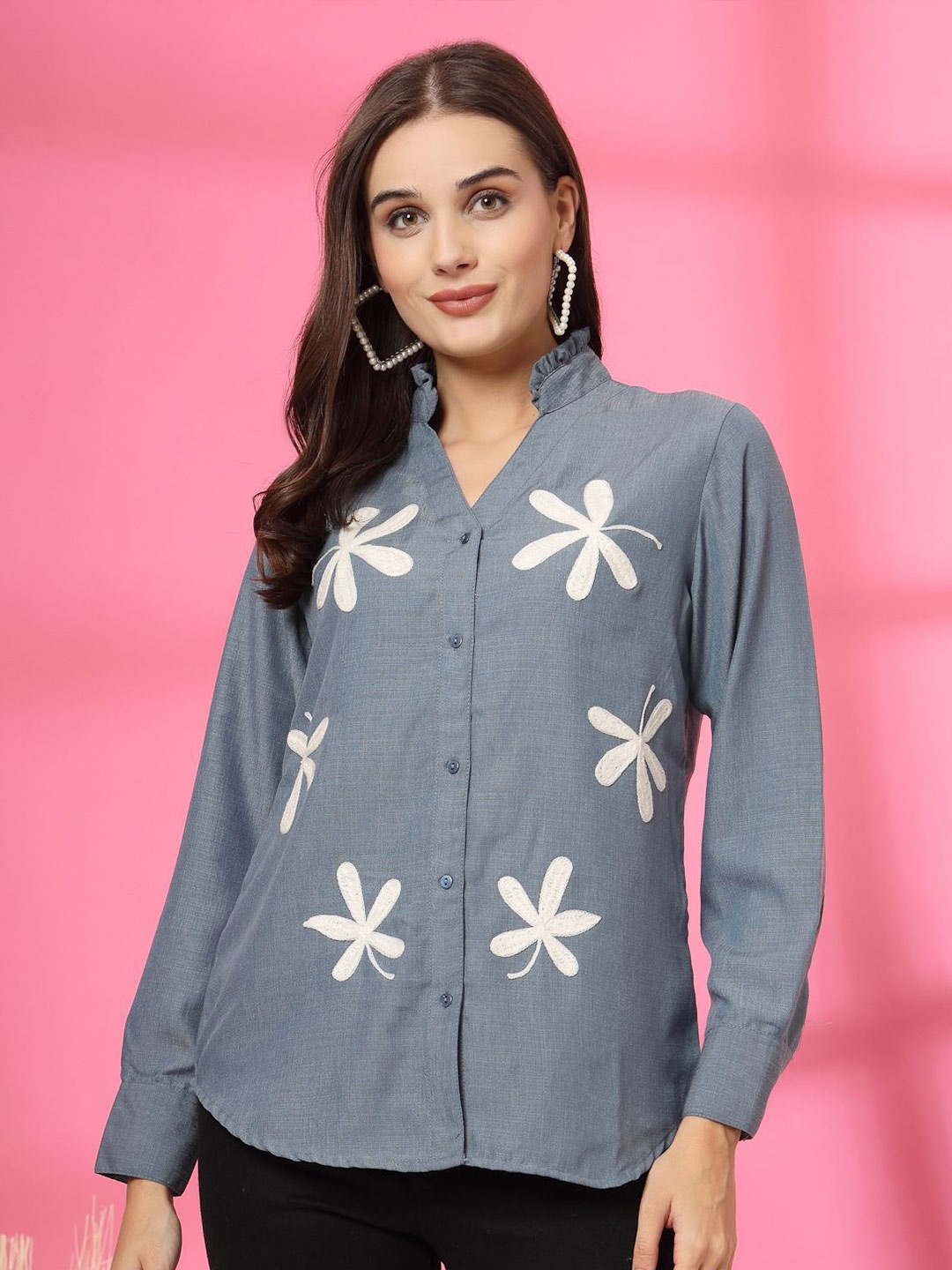

plusS Women Collarless Floral Printed Cotton Casual Shirt, Blue