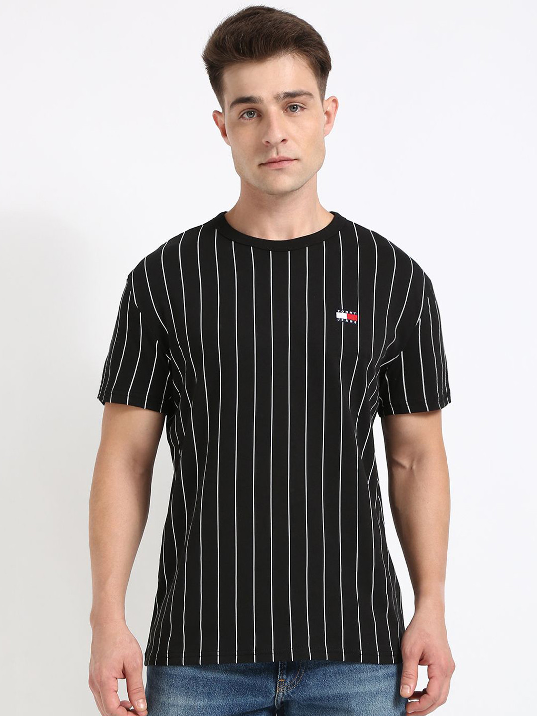 

Tommy Hilfiger Men Striped Round Neck Cotton T-shirt, Black