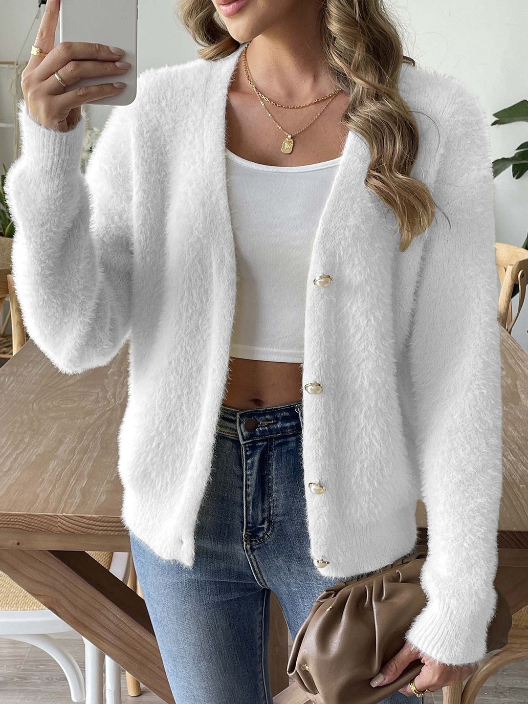 

StyleCast Women Cardigan with Fuzzy Detail, White