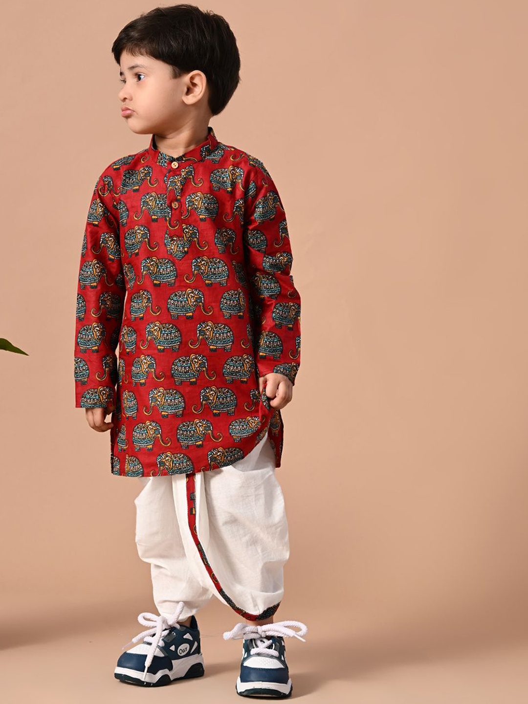 

BAESD Boys Animal Printed Regular Pure Cotton Kurta with Dhoti Pants, Red