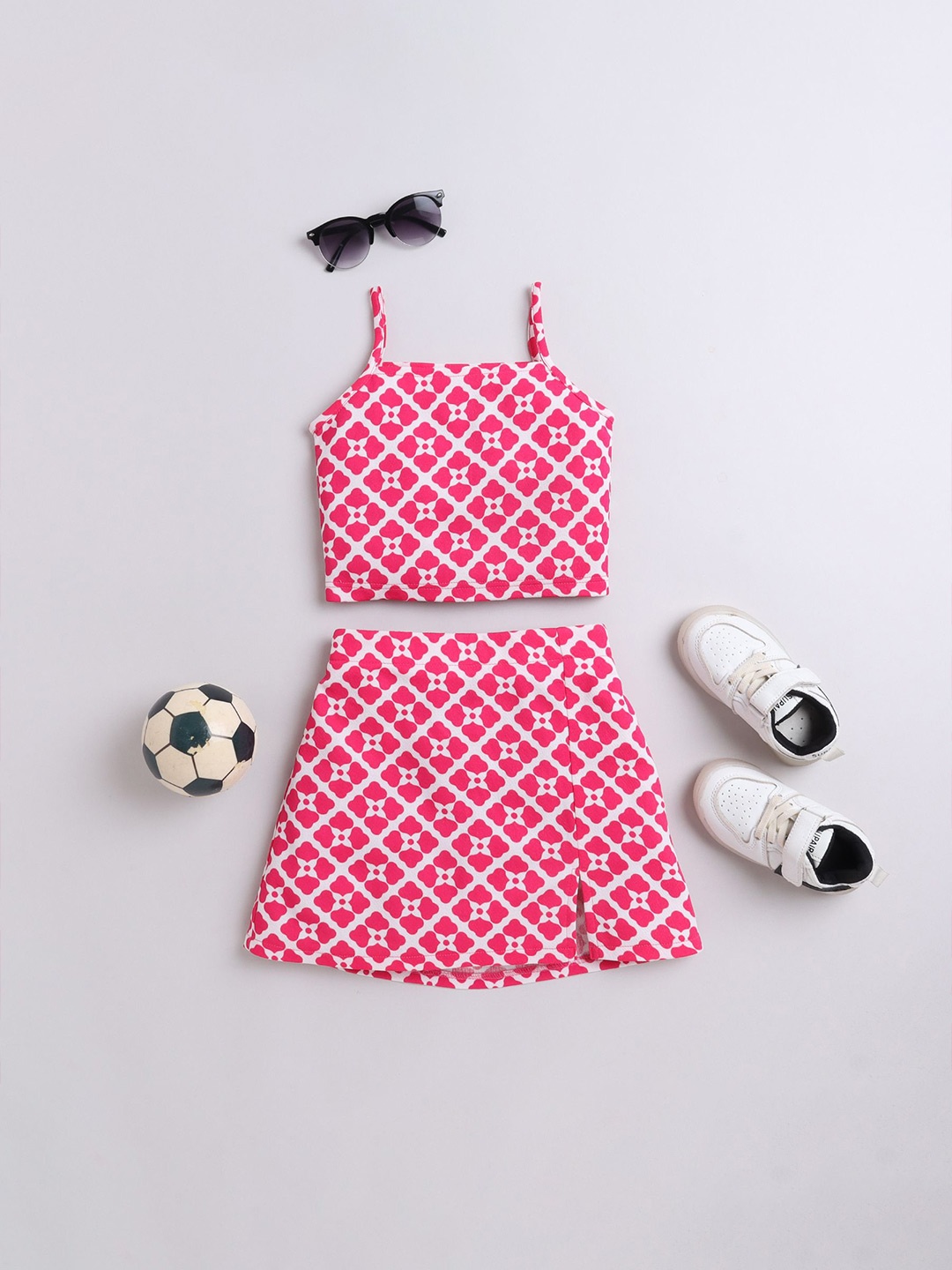 

taffykids Girls Printed Shoulder Straps Top with Skirt, Pink