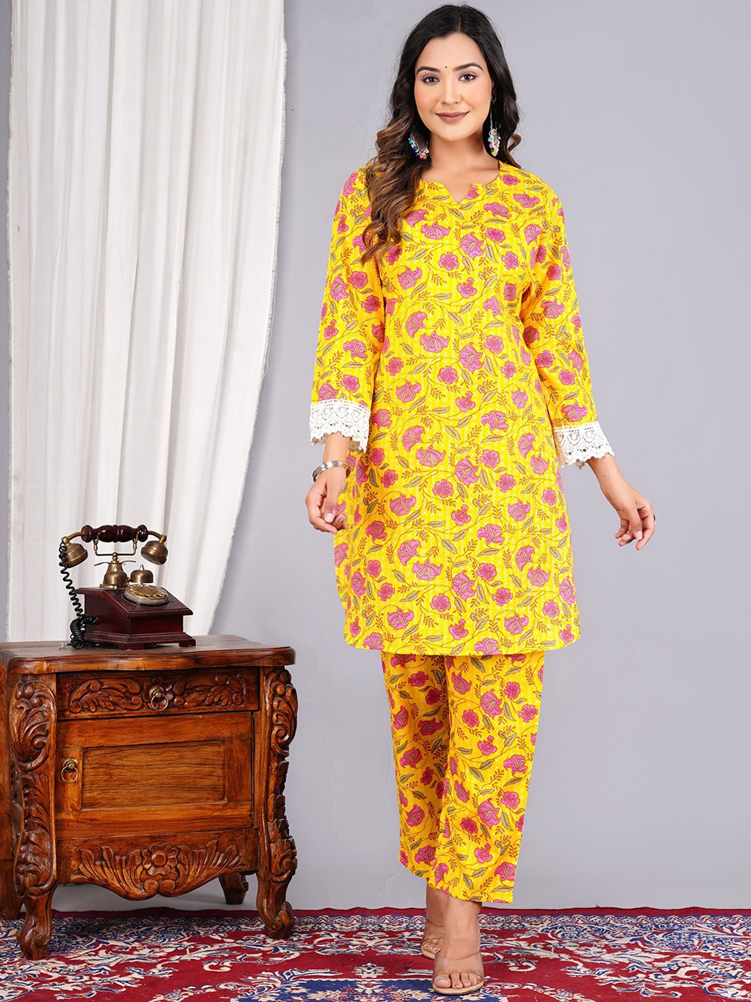 

Lovista Notch Neck Printed Pure Cotton Top With Trousers, Yellow