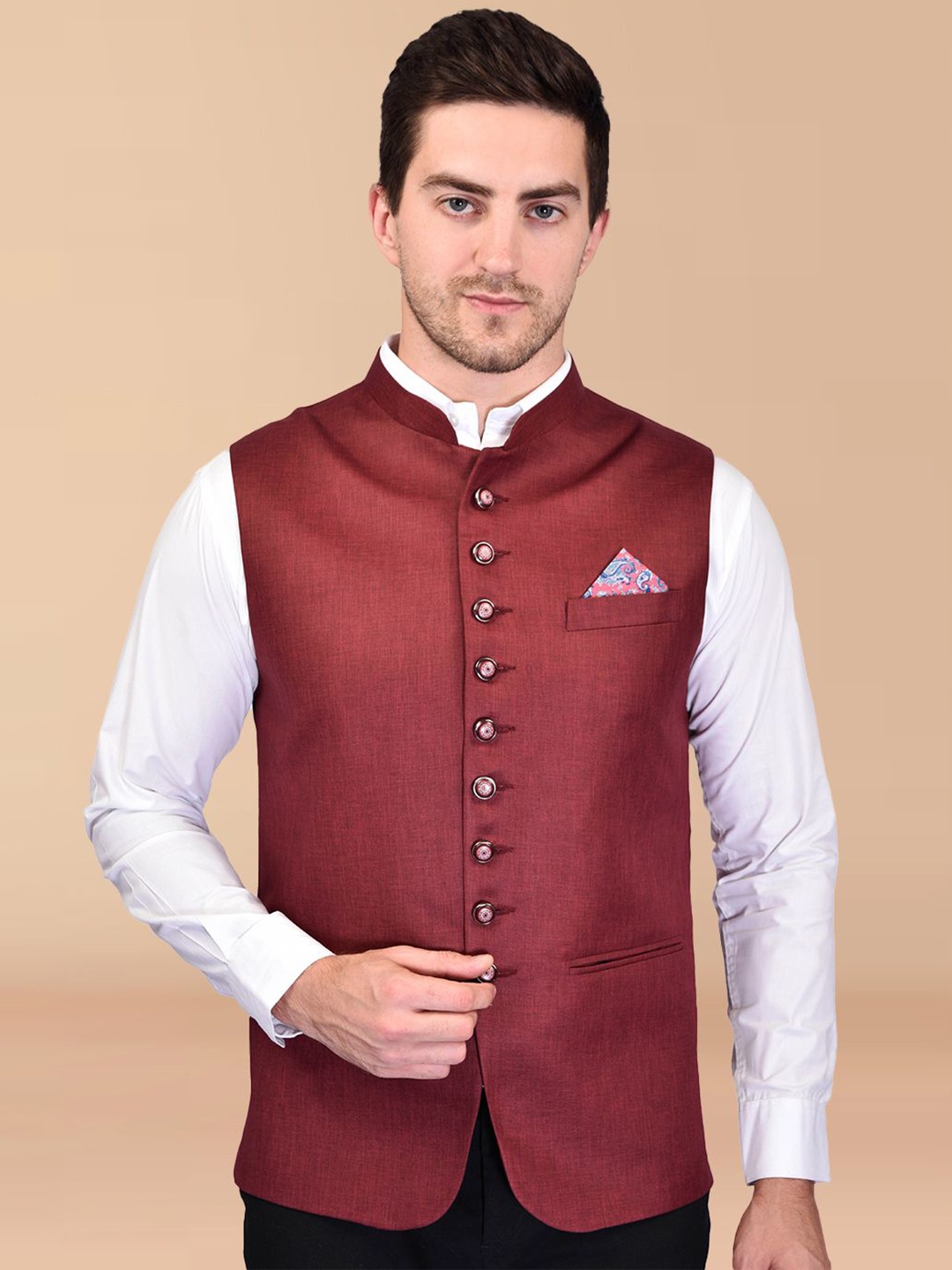 

PRINTINDIA Men Sleeveless Mandarin Neck Nehru Jacket, Maroon