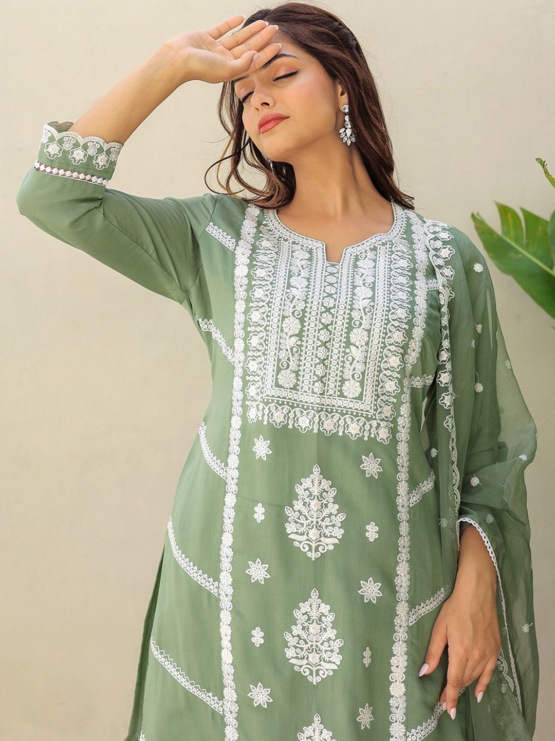 

Anouk Green Floral Embroidered Pure Silk Straight Kurta With Trousers & Dupatta