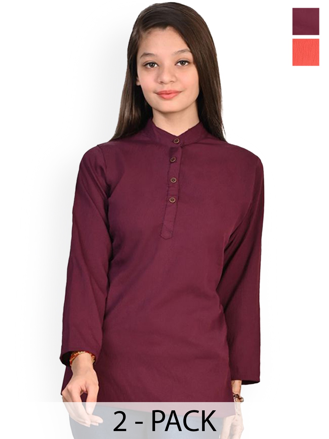 

BAESD Girls Pack Of 2 Band Collar Long Sleeves Kurtas, Burgundy