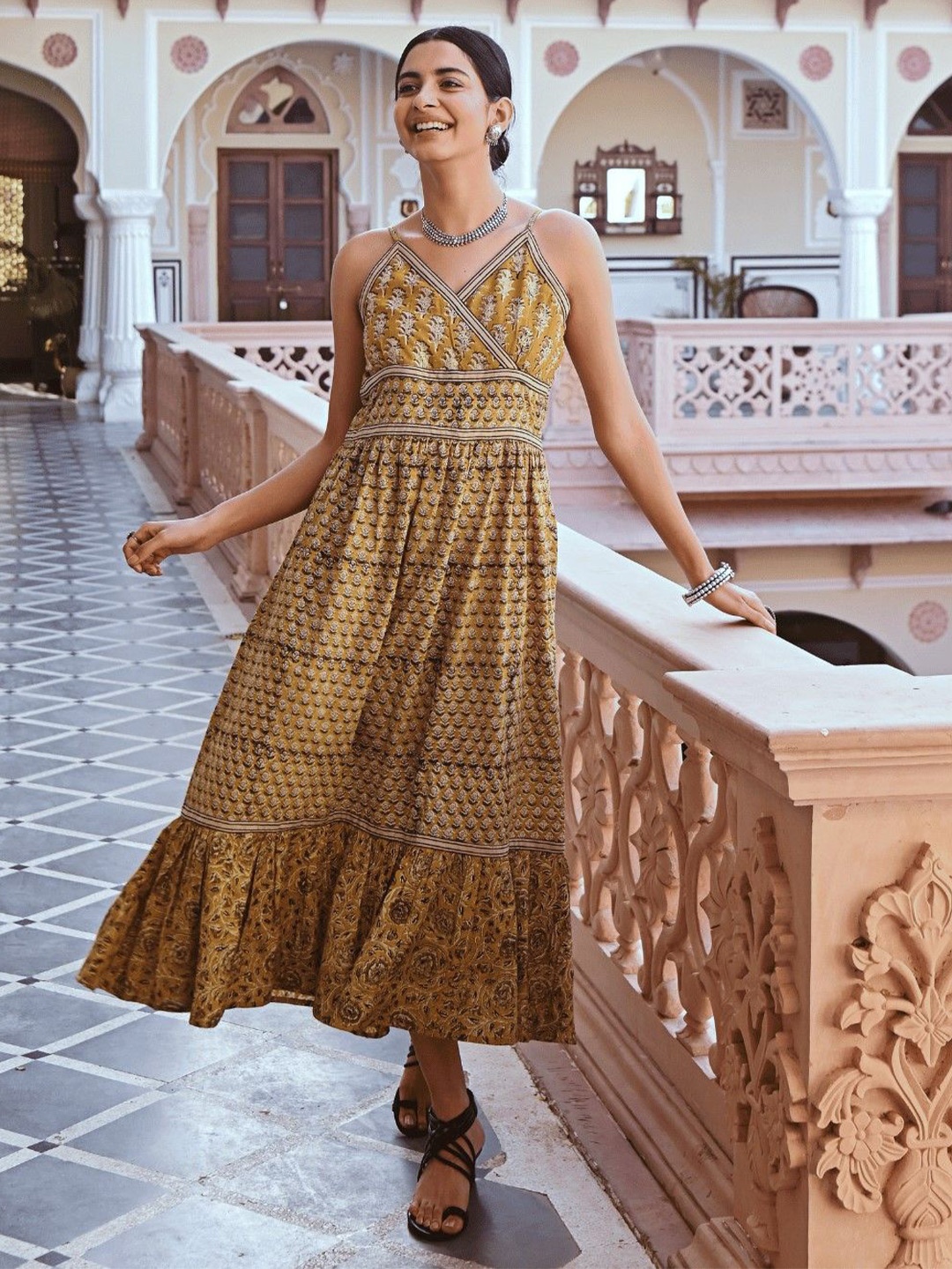 

SAVI Floral Print Fit & Flare Midi Dress, Mustard