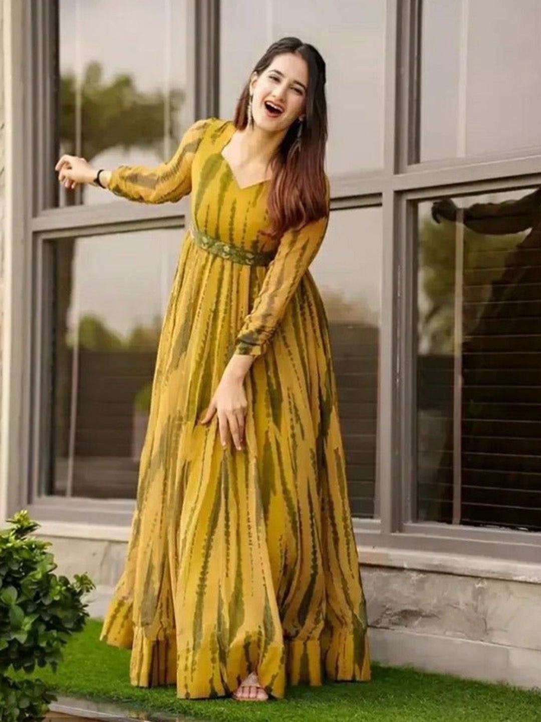 

Shedika Tie and Dye Print Georgette Fit & Flare Maxi Dress, Yellow