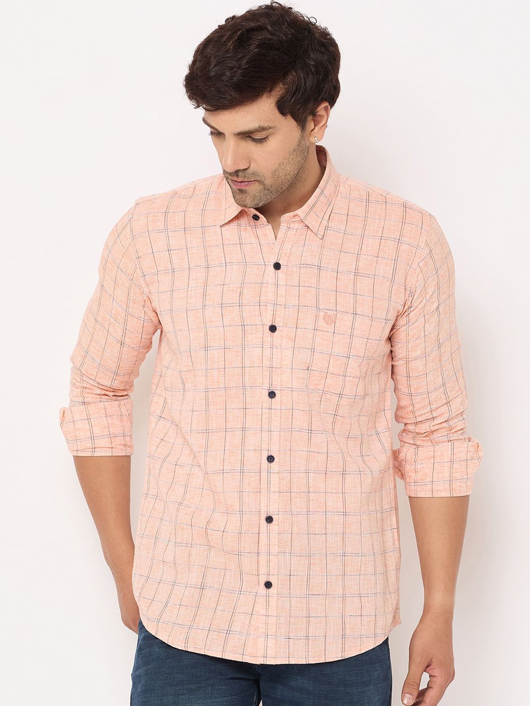 

Duke Men Spread Collar Checked Cotton Slim Fit Casual Shirt, Peach