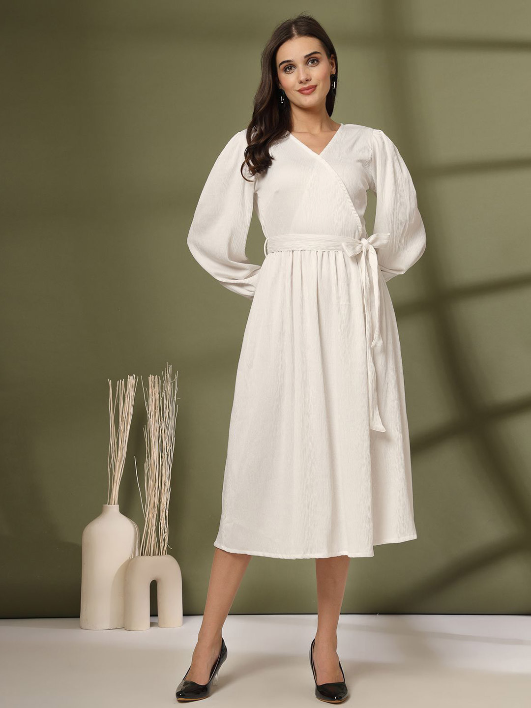 

plusS Women Fit & Flare Midi Wrap Dress, White