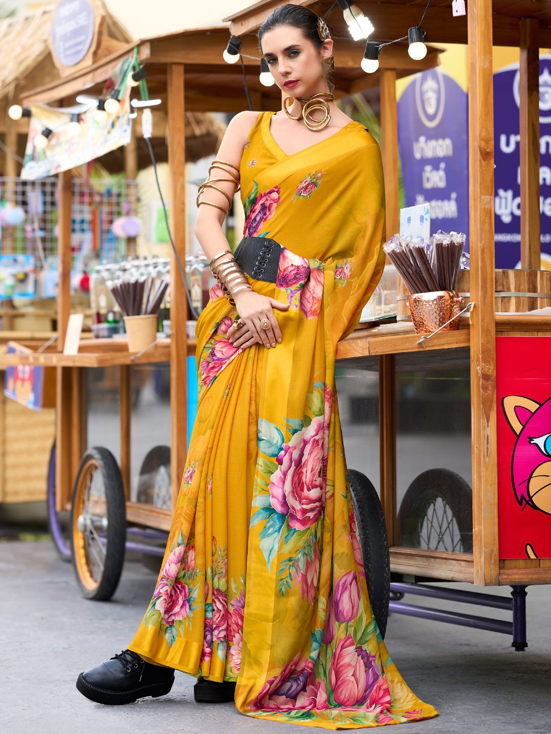 

Panzora Floral Poly Georgette Saree, Yellow