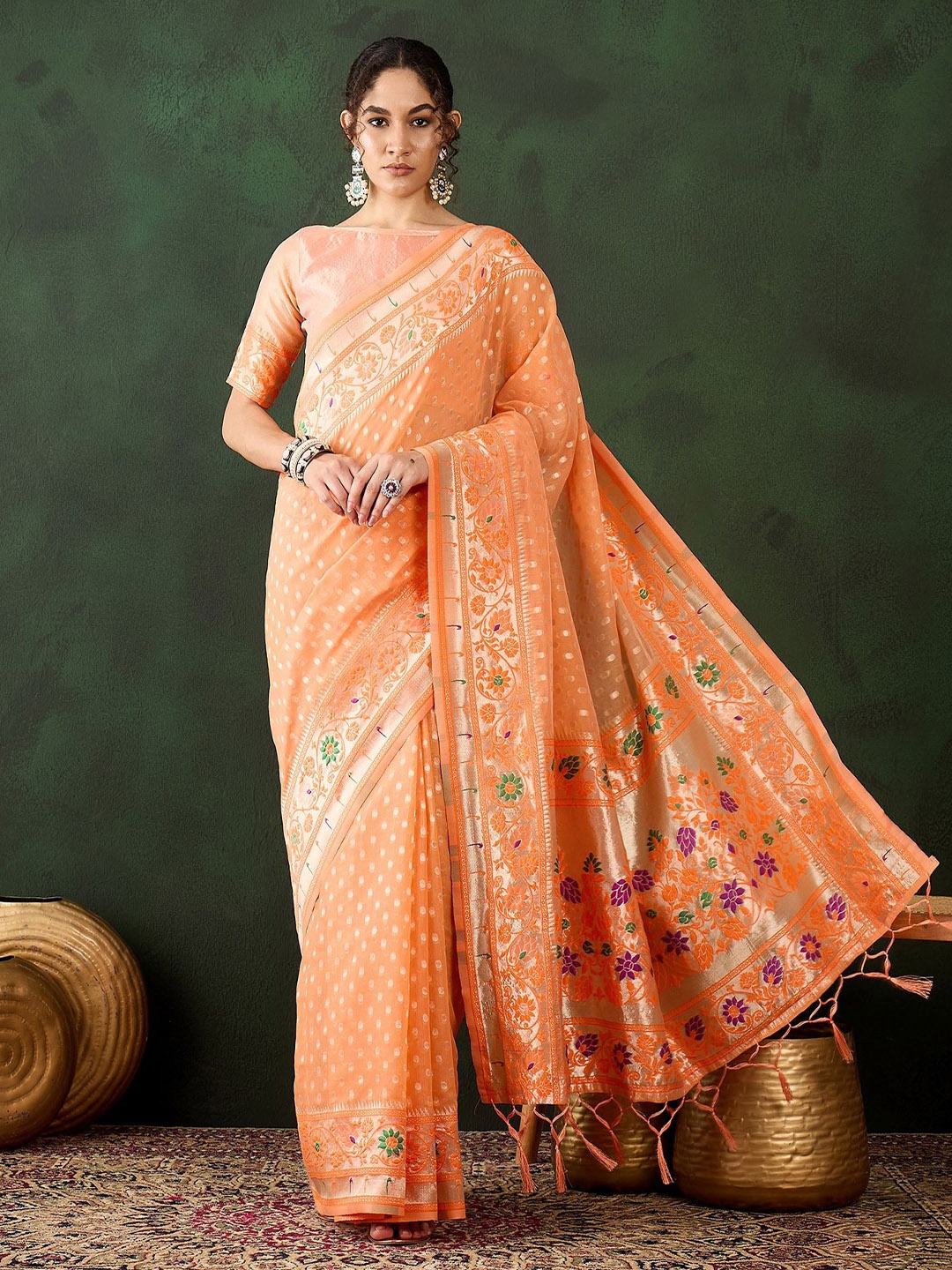 

Kalista Ethnic Motifs Zari Saree, Orange