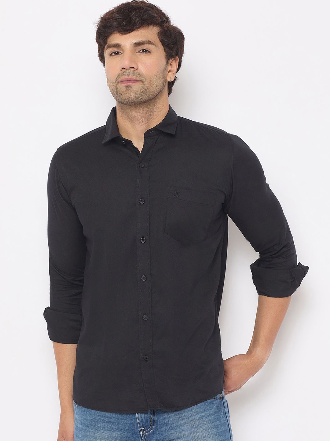 

Duke Men Spread Collar Solid Cotton Slim Fit Casual Shirt, Black