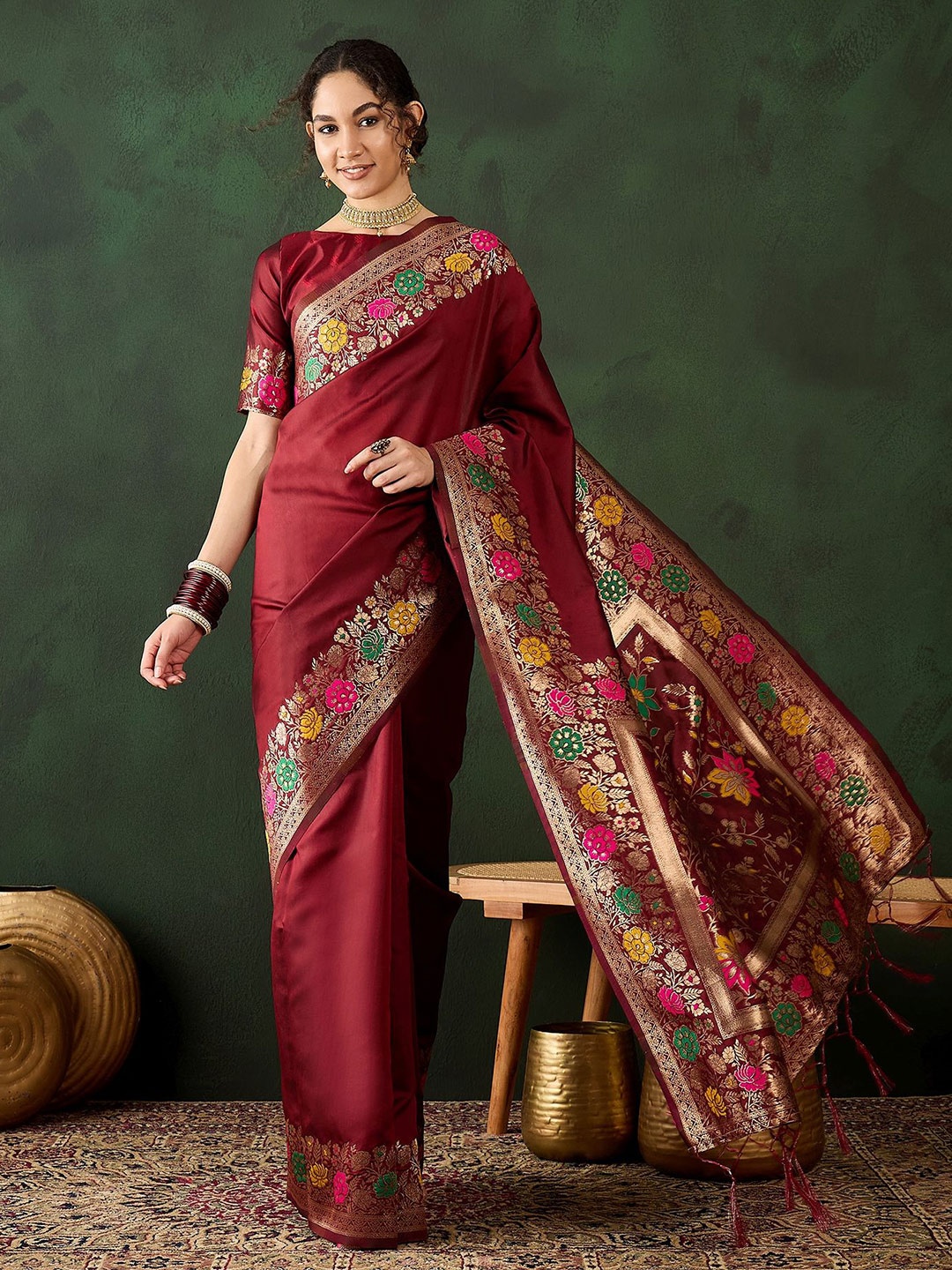 

Kalista Floral Zari Silk Blend Designer Saree, Maroon