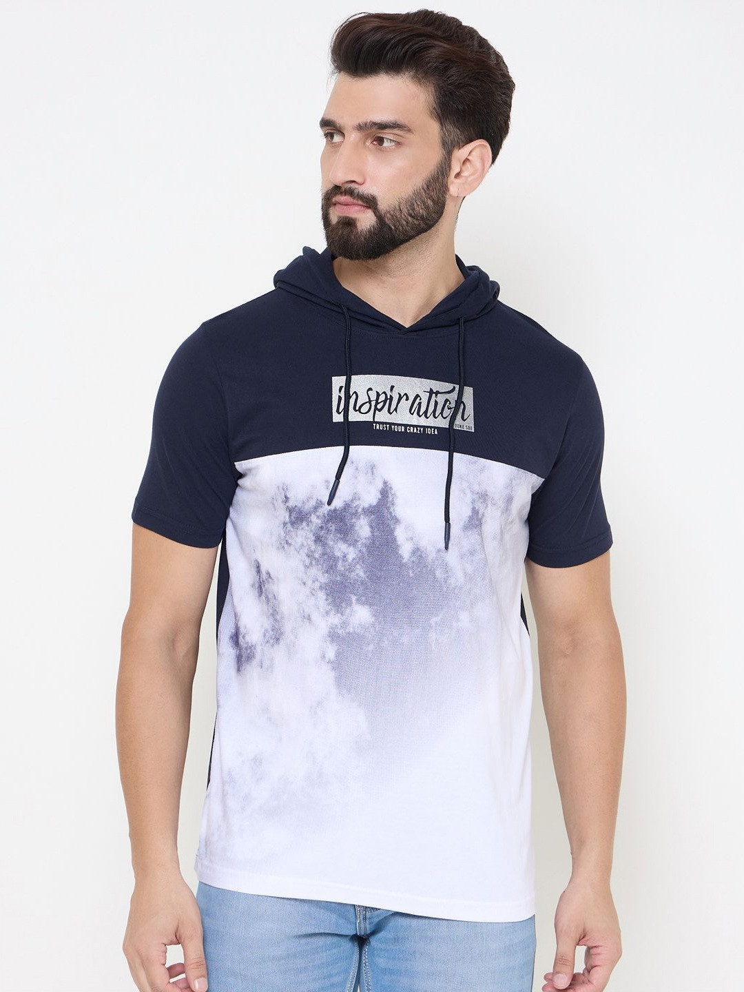 

Duke Men Typography Printed Hood Cotton T-shirt, Navy blue