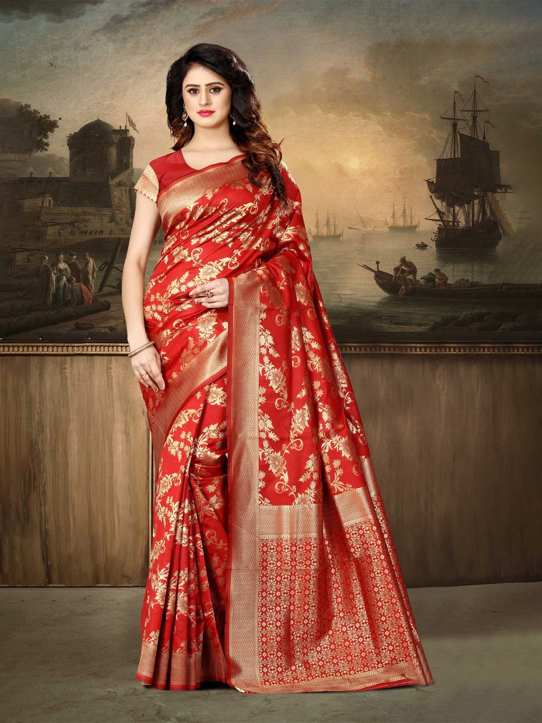 

KALINI Woven Design Zari Silk Blend Designer Kanjeevaram Saree, Red