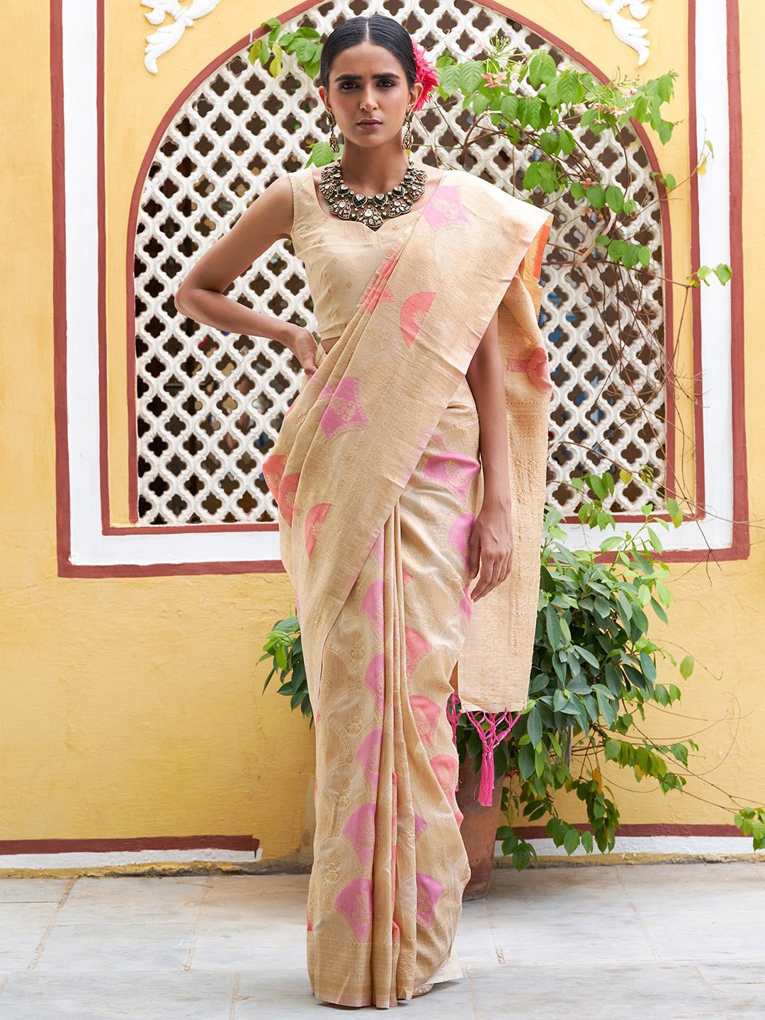 

KALINI Woven Design Zari Silk Blend Saree, Cream