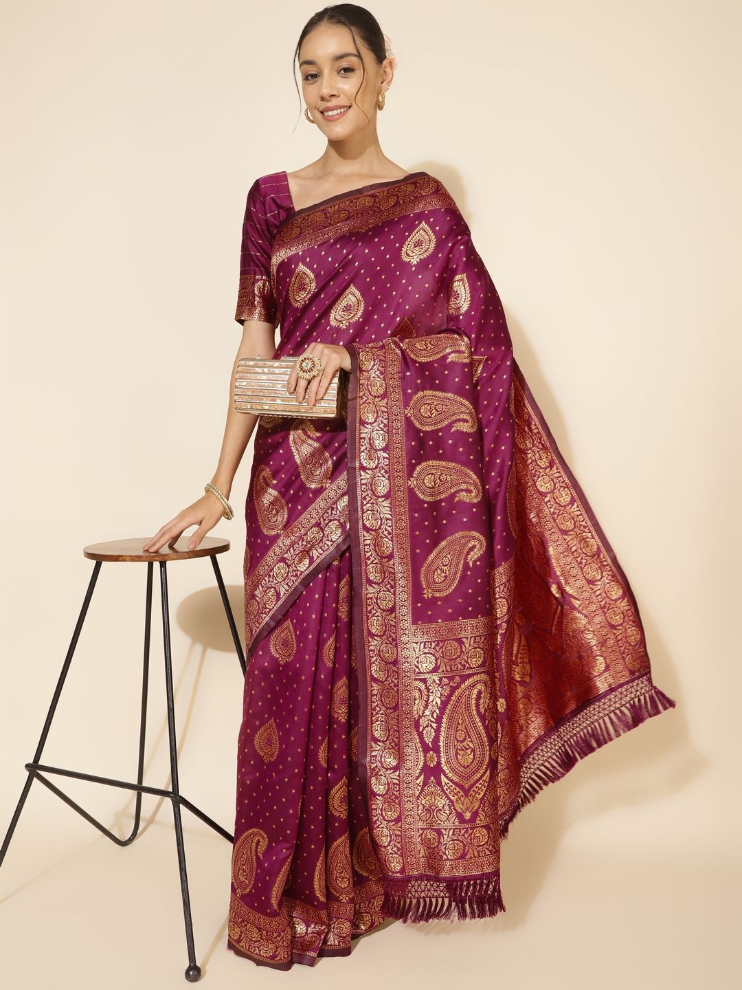 

KALINI Wine Banarasi Silk Ethnic Motifs Saree with Unstitched Blouse Piece, Purple