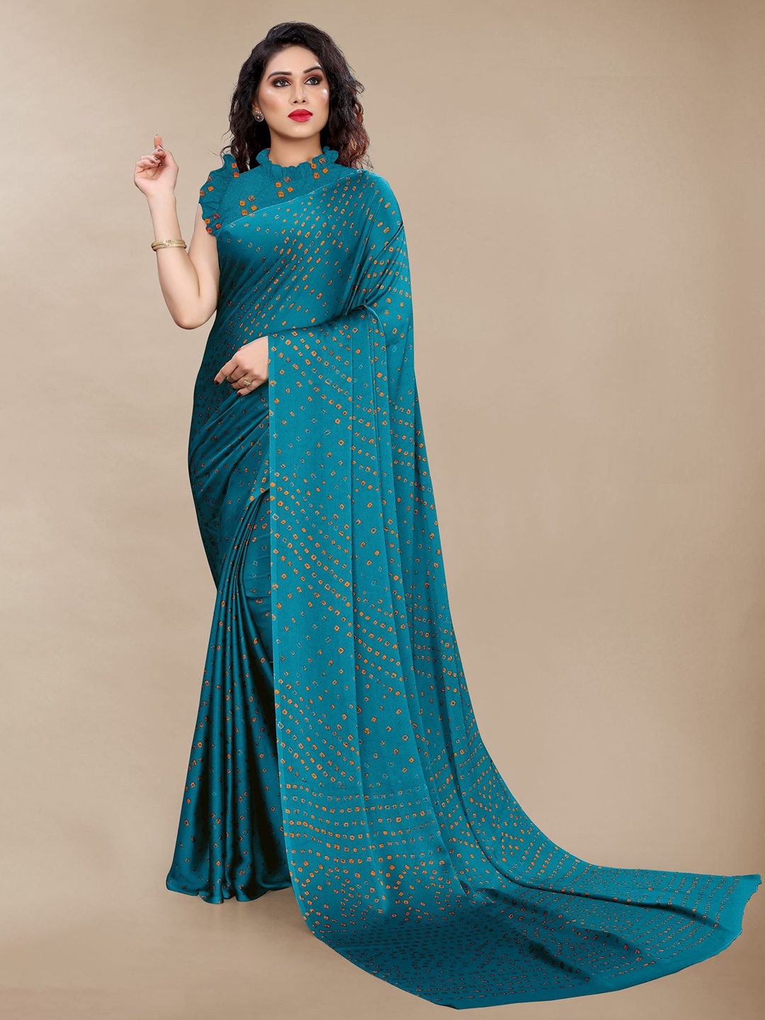 

KALINI Bandhani Printed Block Print Saree, Turquoise blue