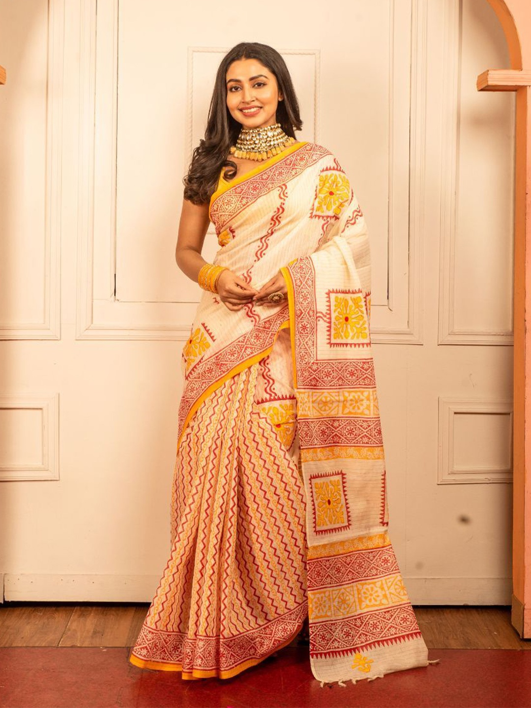 

8POURE Printed Pure Cotton Mangalagiri Saree, Beige