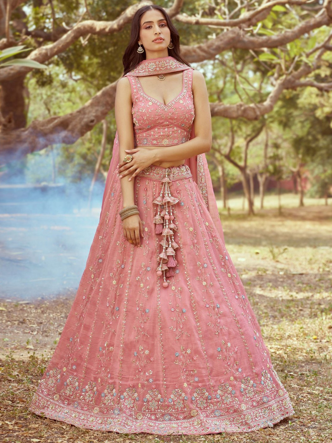 

panchhi Embellished Tissue Semi-Stitched Lehenga & Unstitched Blouse With Dupatta, Pink