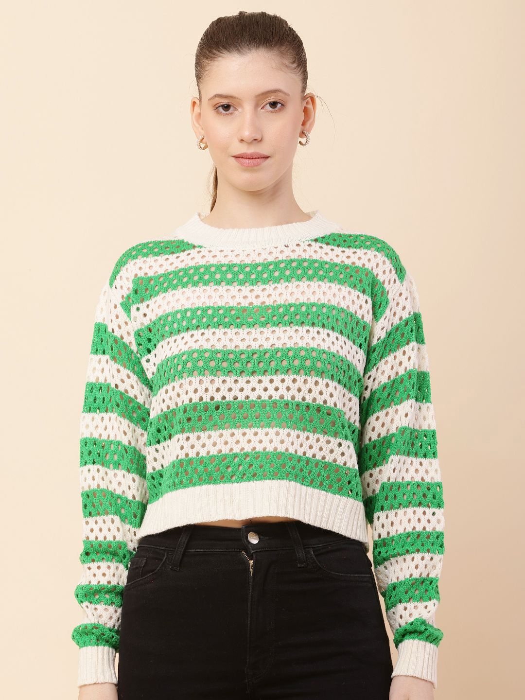 

NoBarr Women Striped Pullover Sweaters, Green