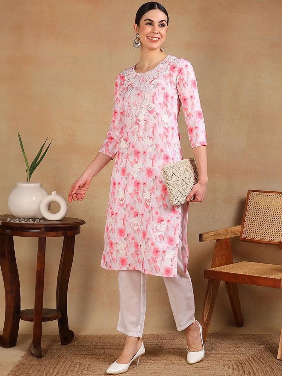 

KWEEN Yoke Design Cold-Shoulder Sleeves Gotta Patti Pure Cotton Maternity Gotta Patti Pleated Pathani Kurti, Pink