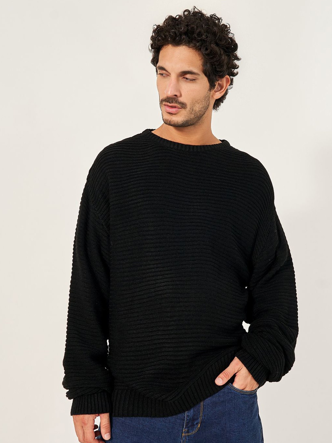 

Styli Men Waffle Textured Relaxed Fit Crew Neck Sweater, Black