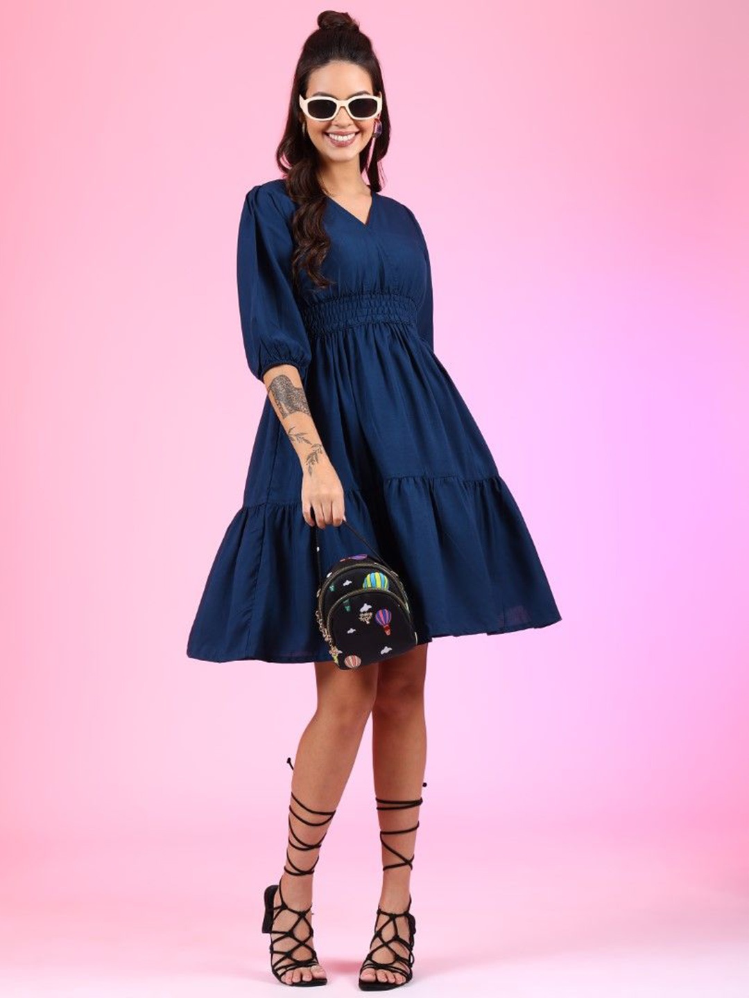 

Femvy Women V-Neck Fit & Flare Knee Length Dress, Blue