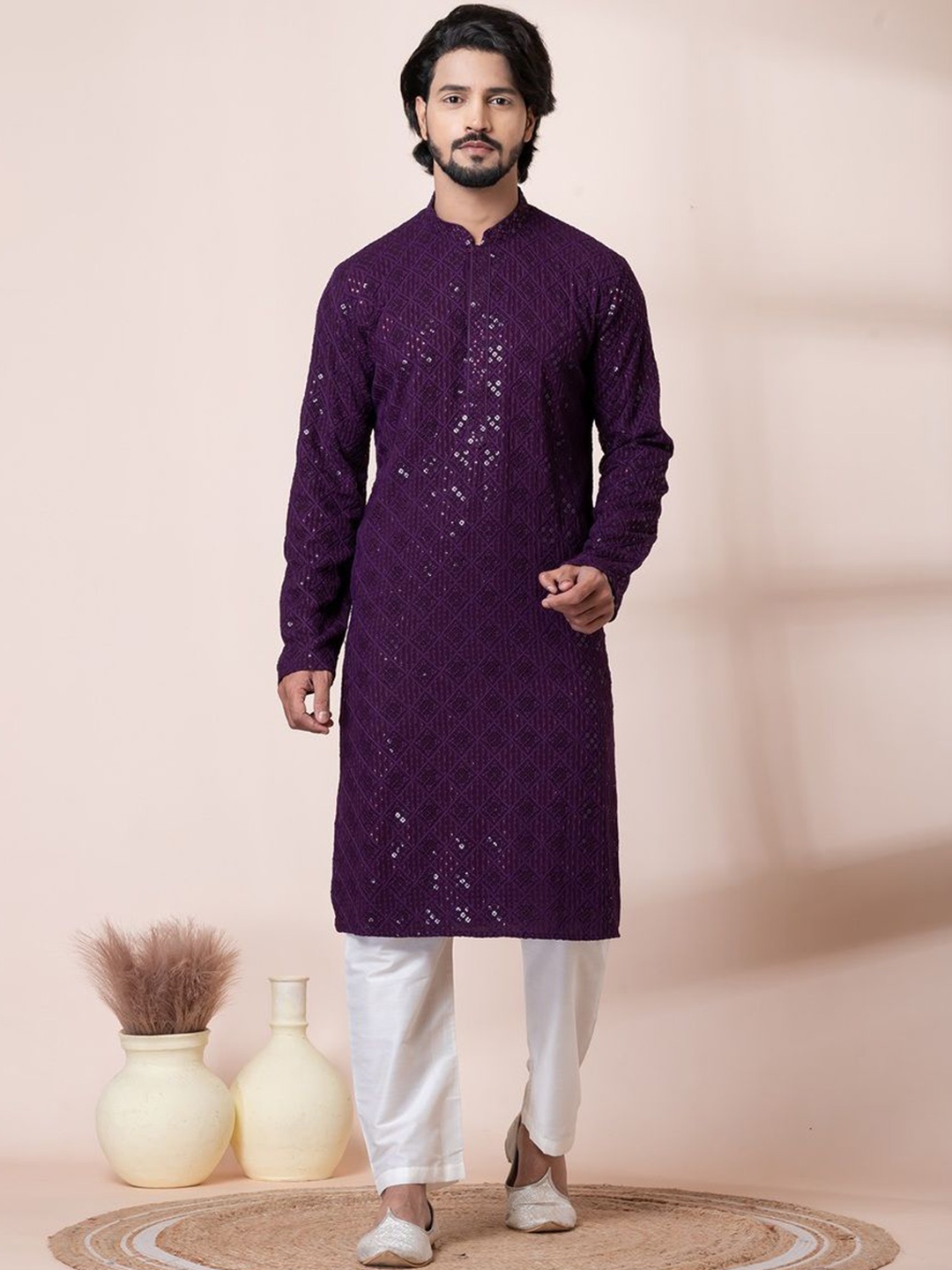 

HU - Handcrafted Uniquely Men Geometric Embroidered Kurta, Purple