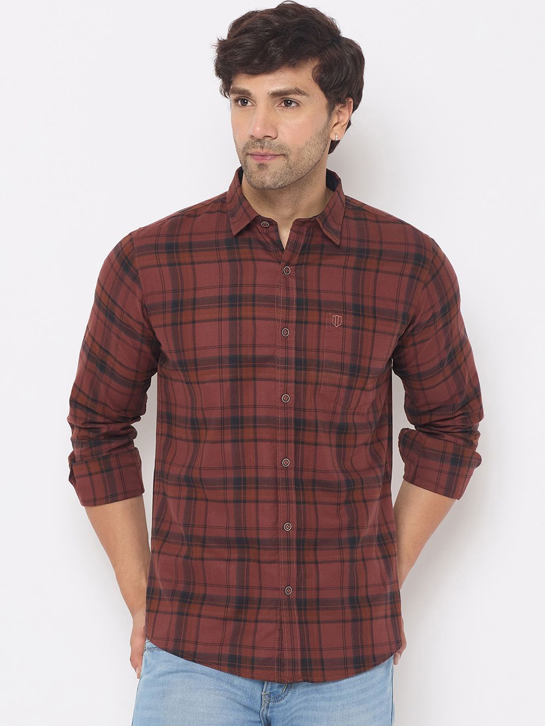 

Duke Men Spread Collar Tartan Checked Cotton Slim Fit Casual Shirt, Maroon
