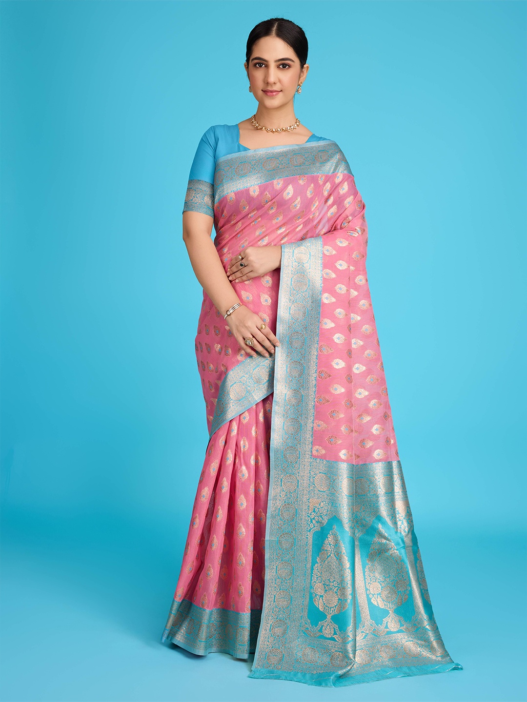 

Kriyansh Woven Design Pure Linen Banarasi Saree, Pink