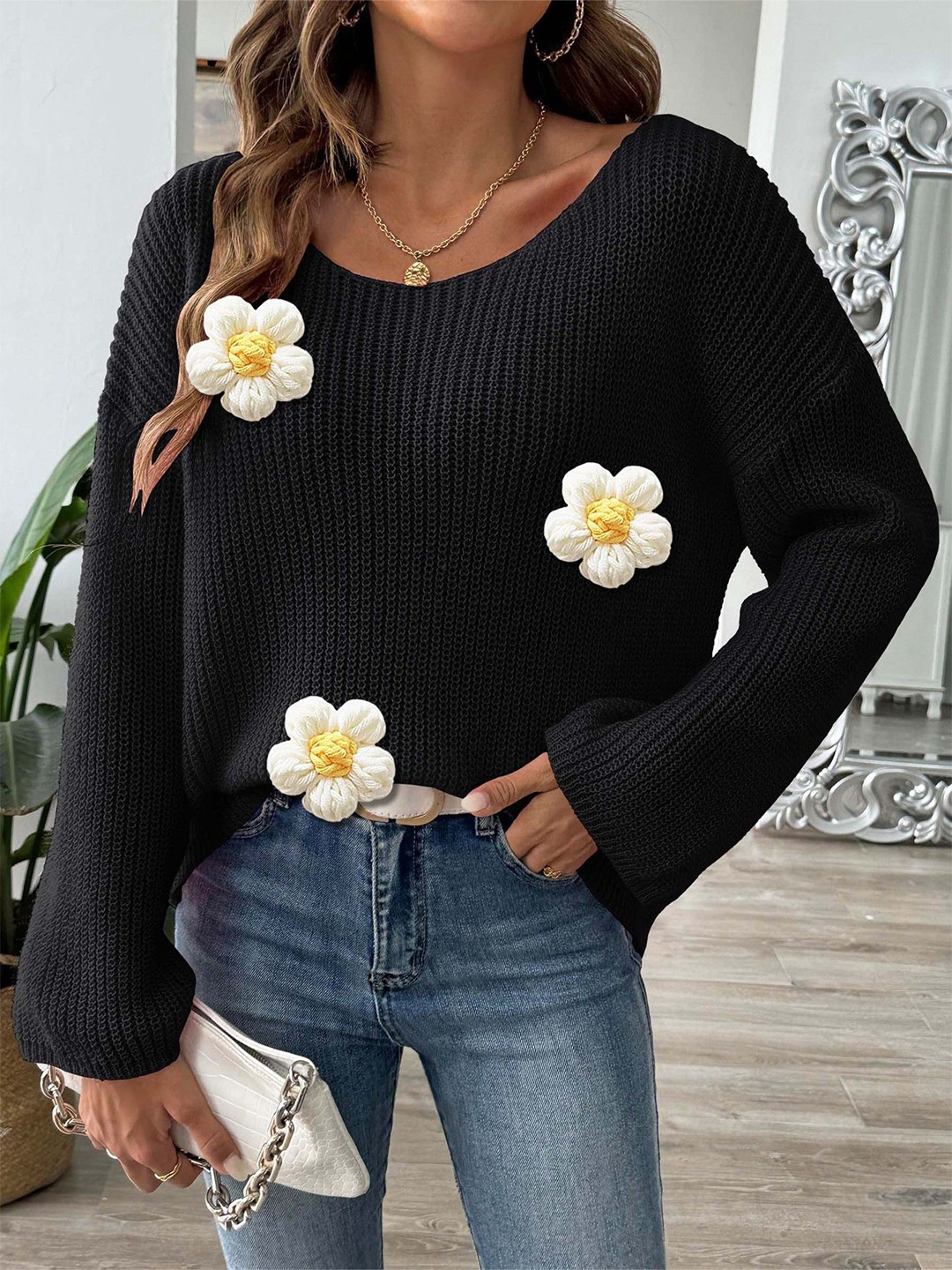 

StyleCast Women Floral Pullover with Embroidered Detail, Black