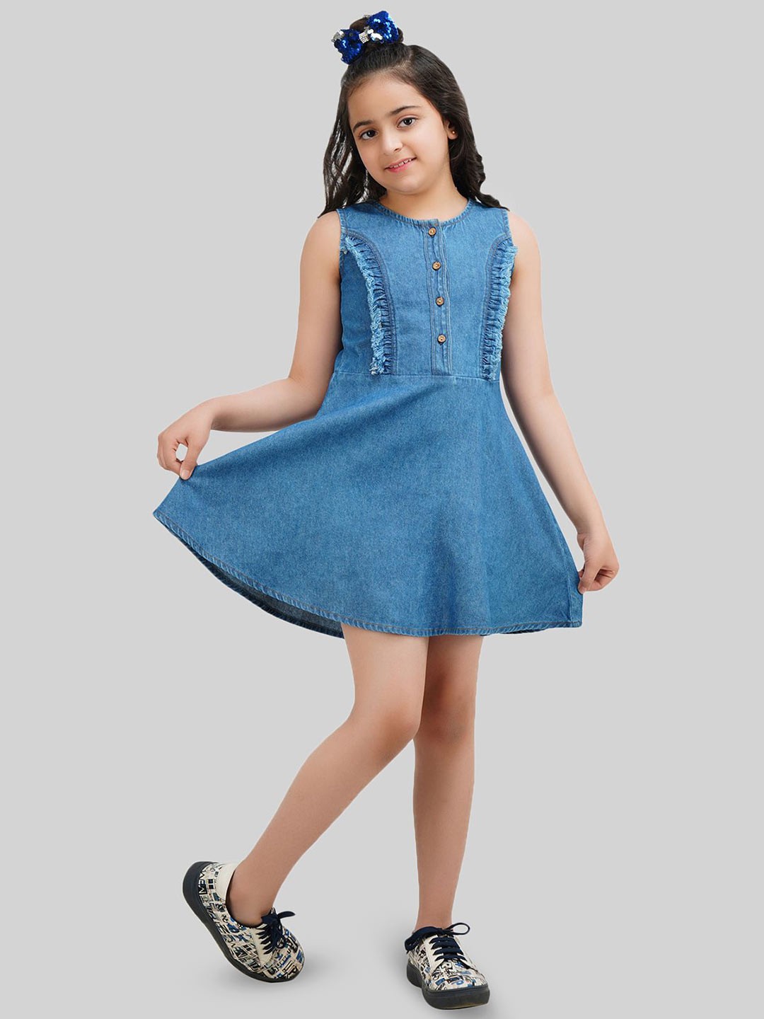 

BEING NAUGHTY Girls Round Neck Cotton A-Line Above Knee Dress, Blue