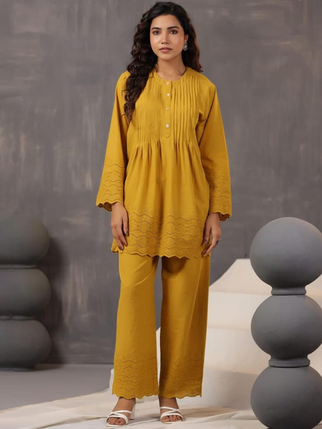 

INDYES Self Design Round Neck Long Sleeves Pure Cotton Top With Palazzo, Mustard