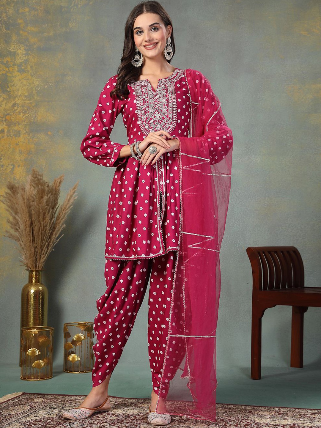 

Stylum Women Ethnic Motifs Printed Empire Sequinned Kurti with Dhoti Pants & With Dupatta, Pink