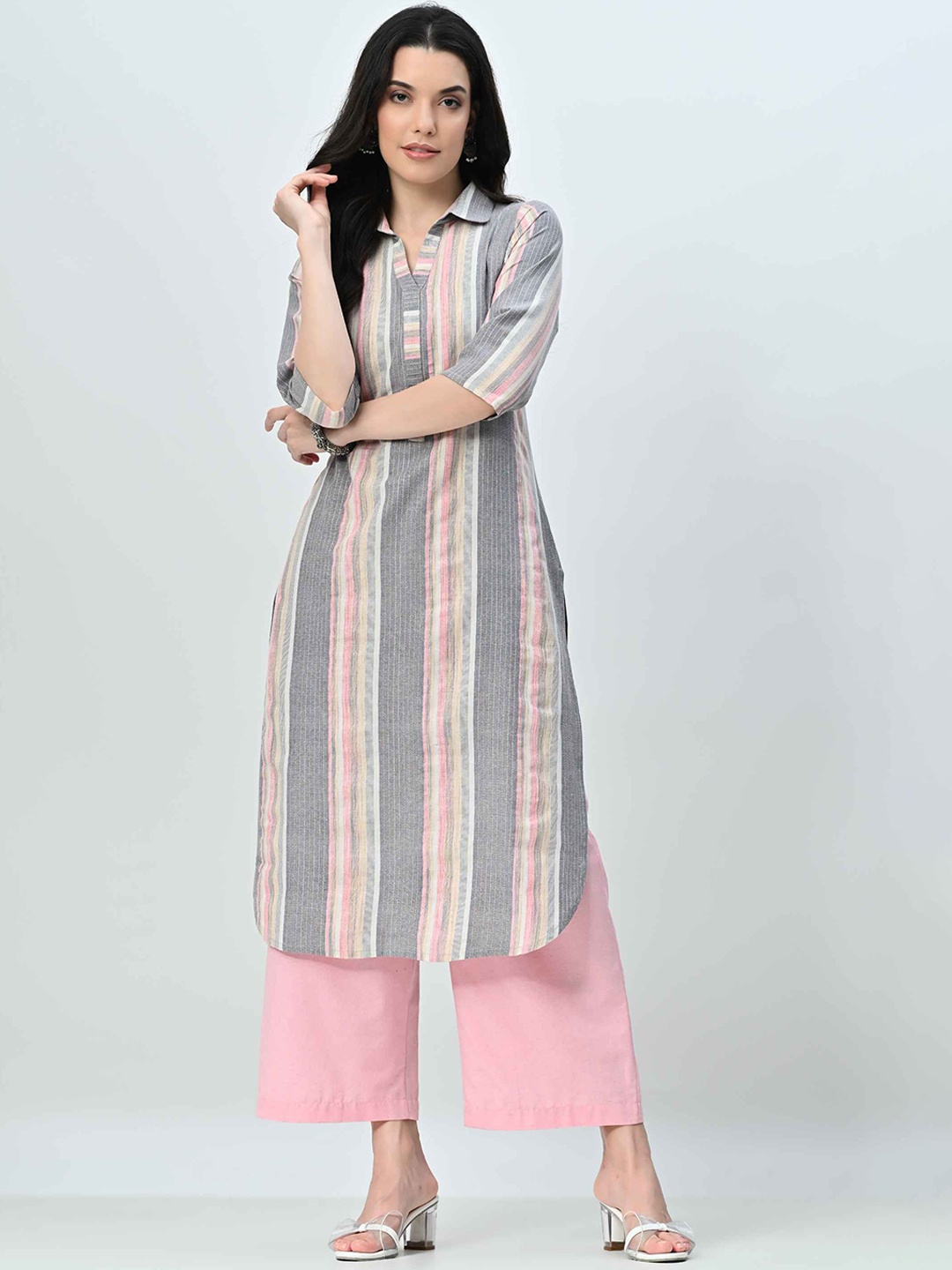 

BAESD Striped Shirt Collar A-Line Kurta With Palazzos, Pink