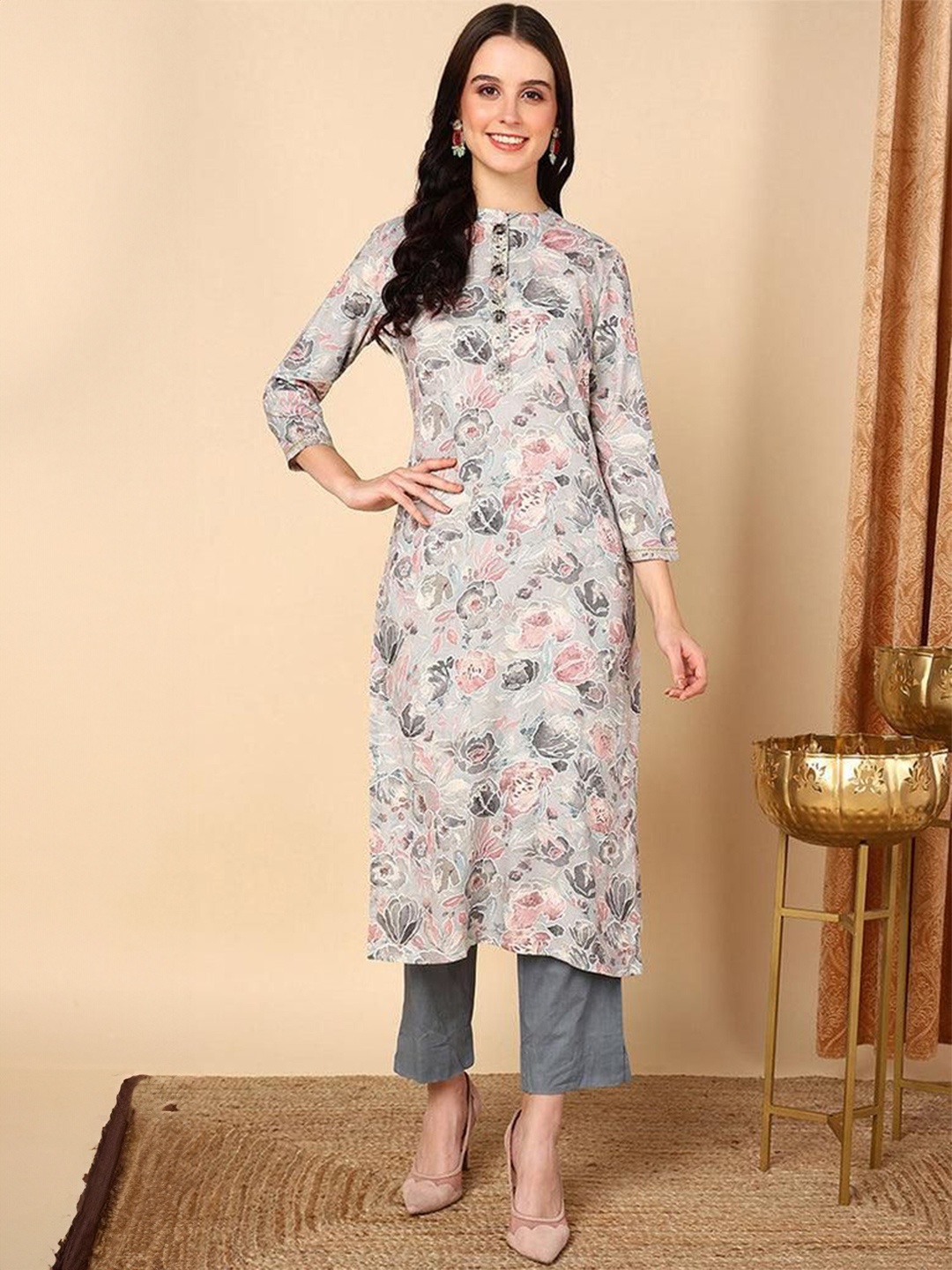 

KWEEN Printed Pure Cotton Straight Kurtas, Grey