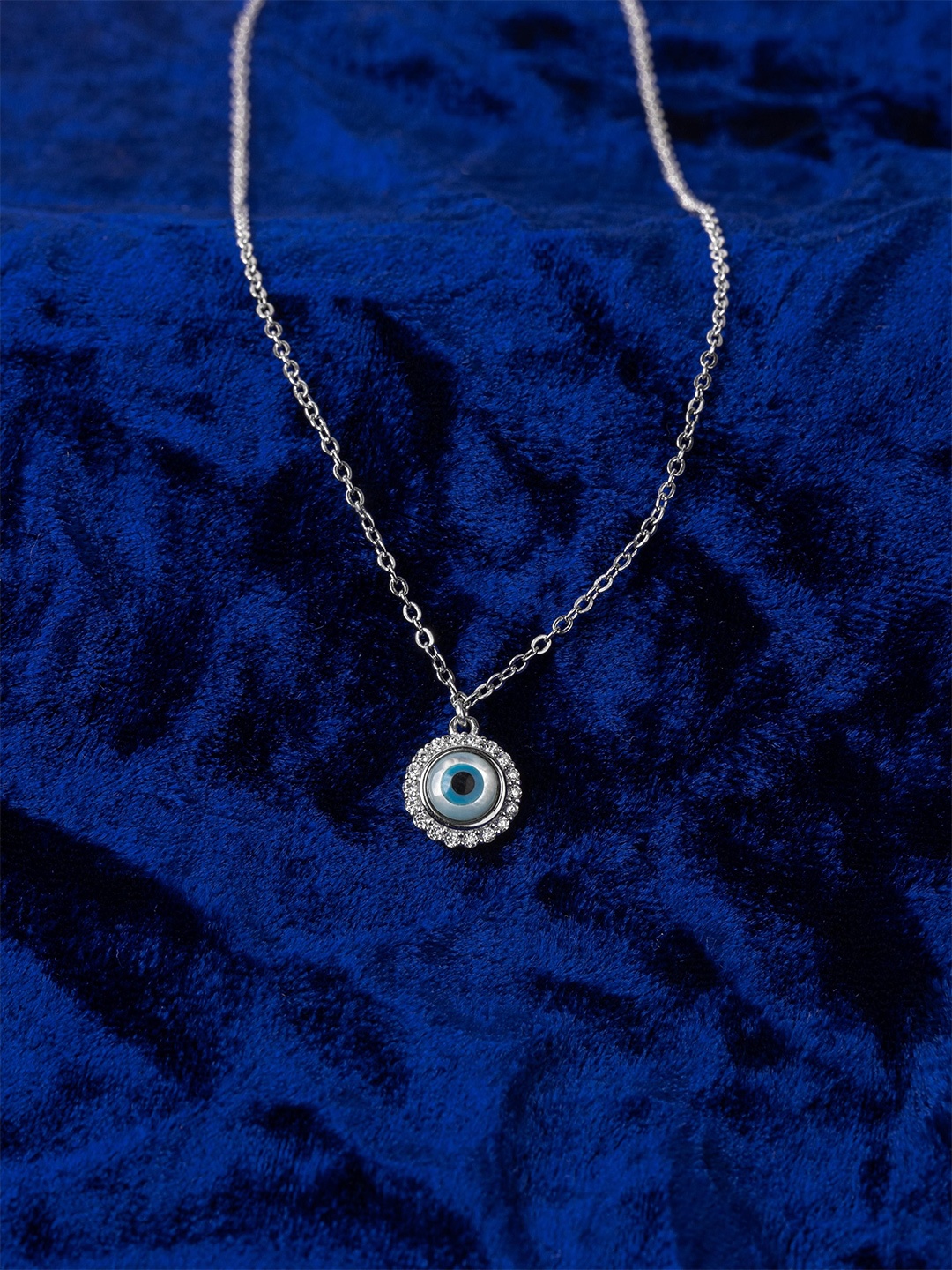 

Silverfied 925 Sterling Silver Rhodium-Plated Stone Studded Enamel Evil Eye Minimal Chain