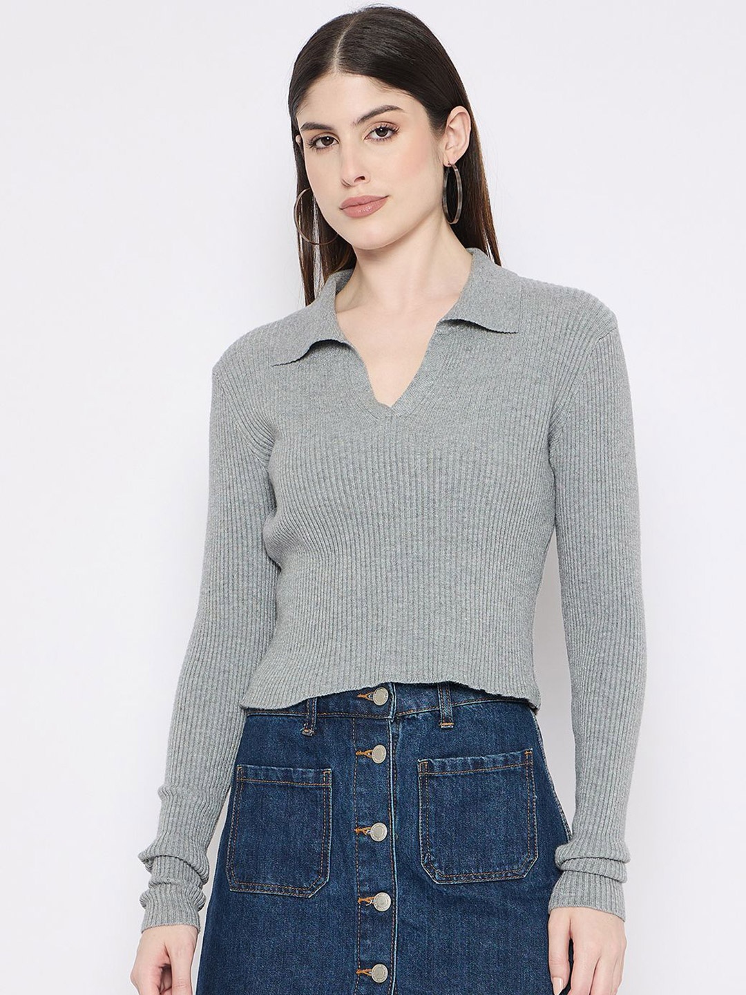 

Camey Women Woollen Crop Pullover, Grey