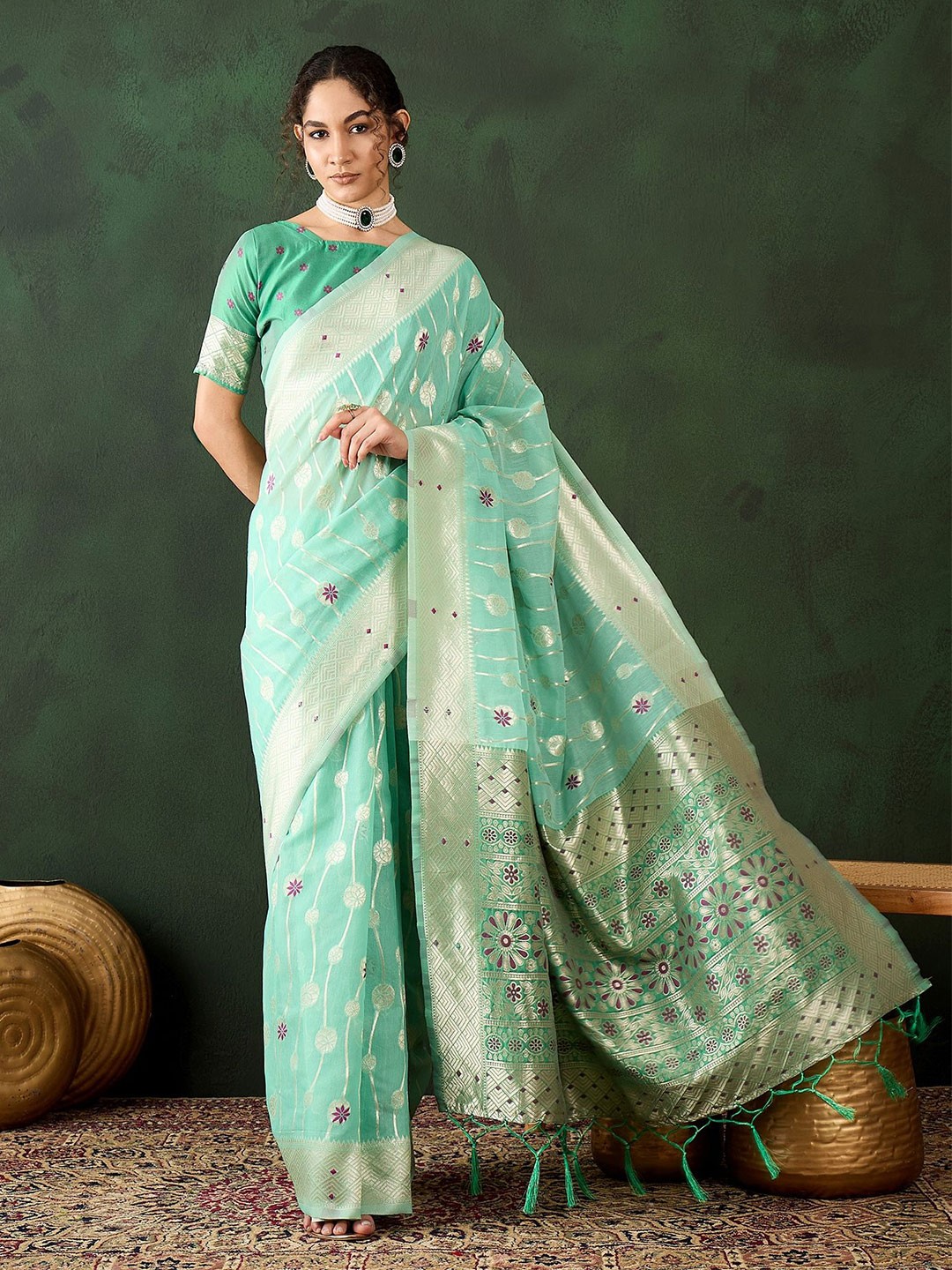 

Kalista Woven Design Zari Saree, Sea green