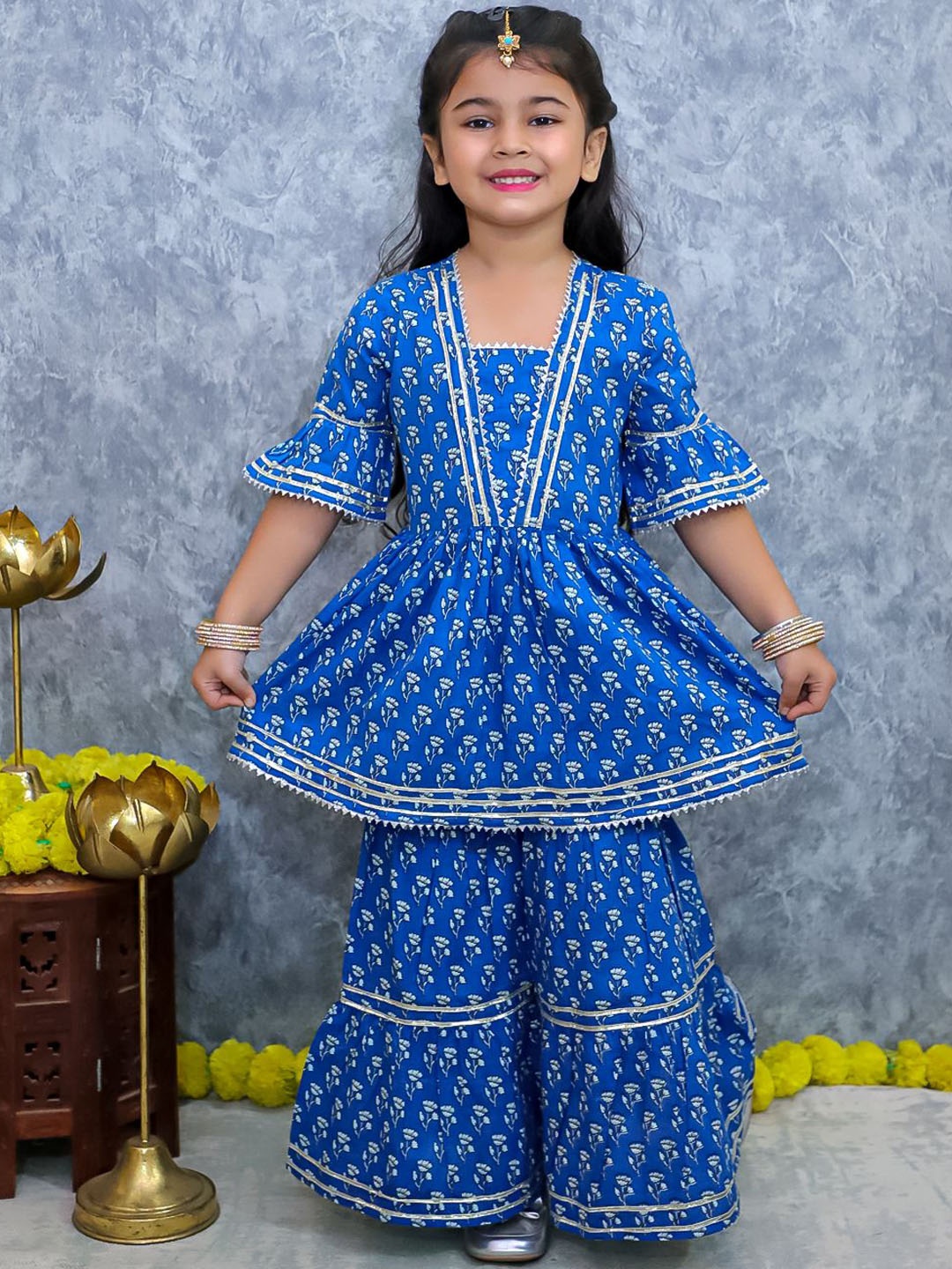 

UNBIND Girls Floral Printed Regular Gotta Patti Pure Cotton Kurti with Sharara, Blue
