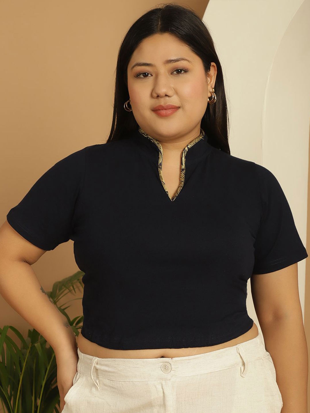 

theRebelinme Women Plus size Cotton Blouson Crop Top, Navy blue
