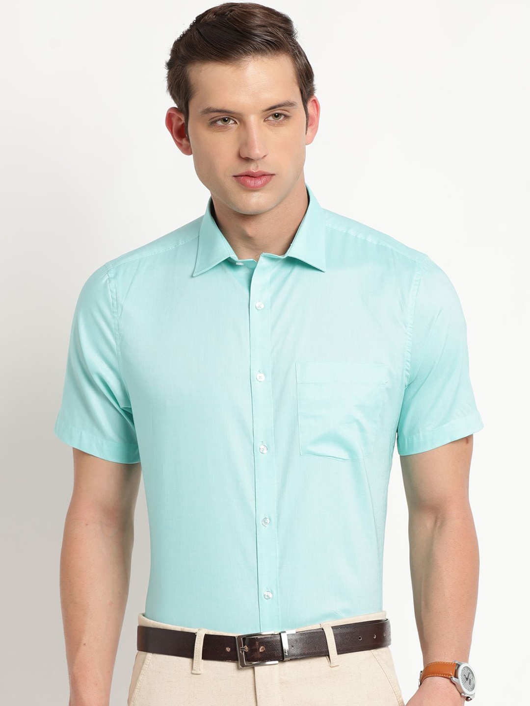 

Turtle Men Standard Spread Collar Solid Cotton Slim Fit Formal Shirt, Blue