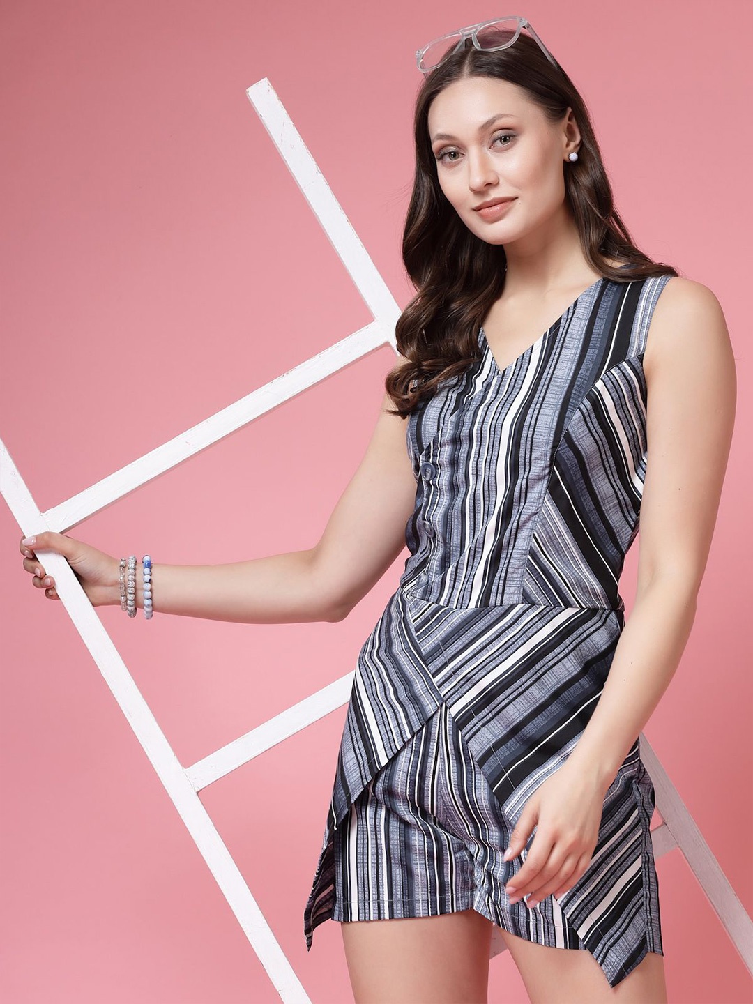 

BEING NAUGHTY Women Striped Sleeveless Playsuit, Navy blue