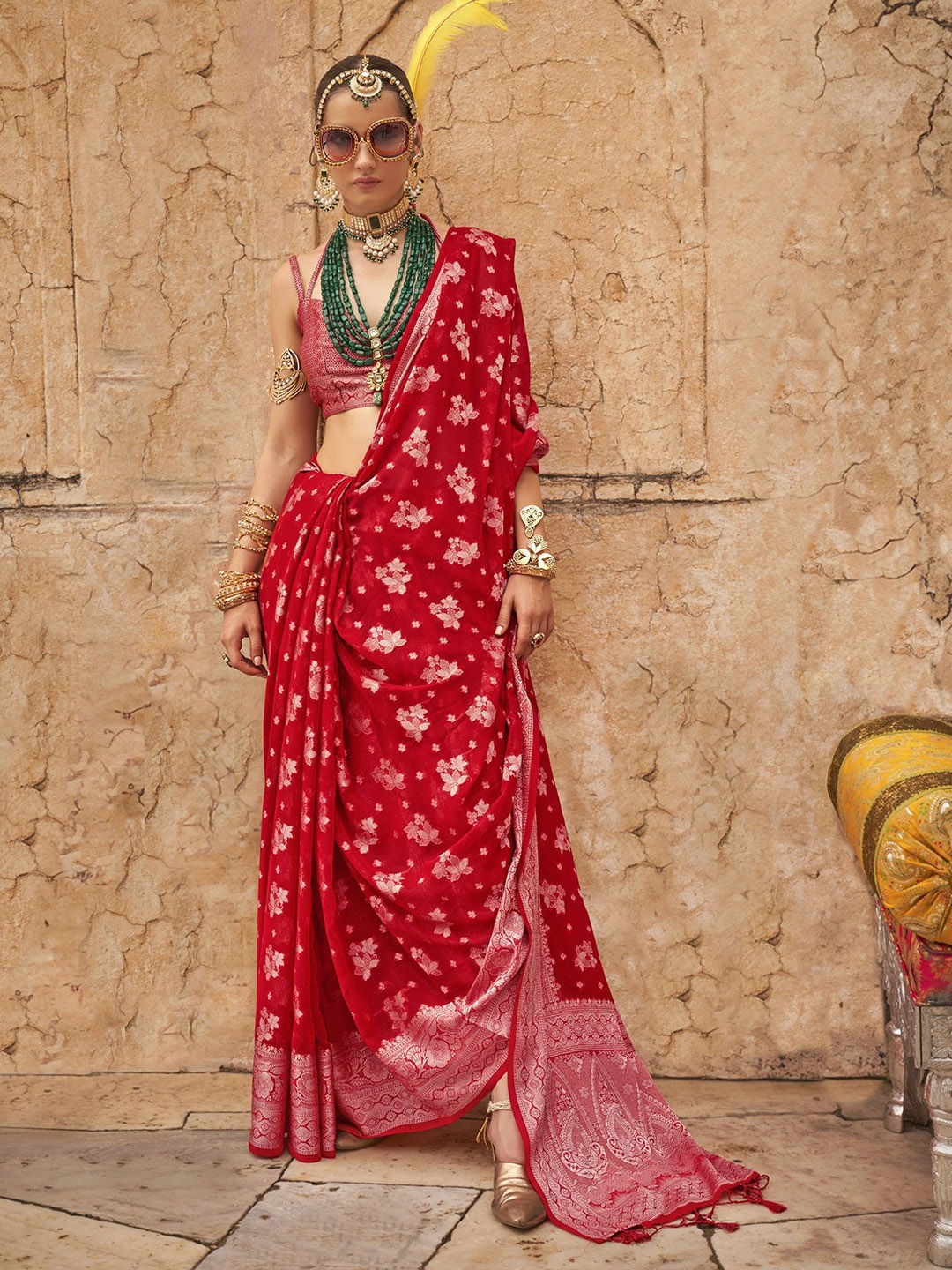 

elora Floral Zari Pure Georgette Designer Banarasi Saree, Red