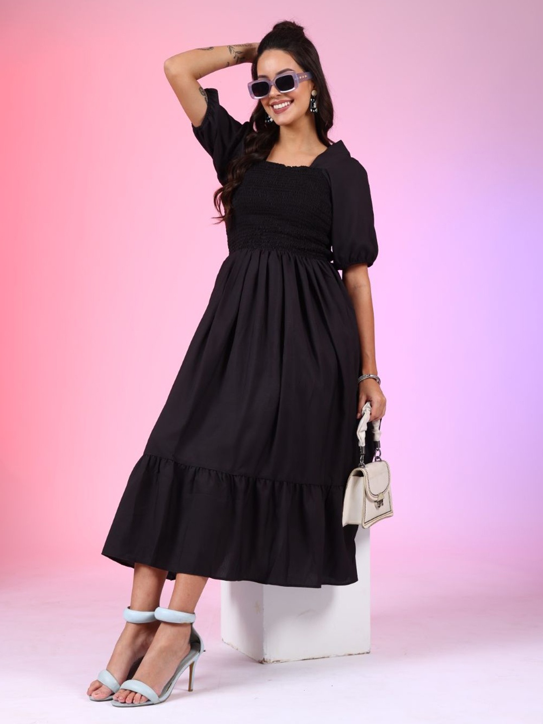 

Raiyani Enterprise Women Square Neck Puff Sleeves Fit & Flare Midi Dress, Black